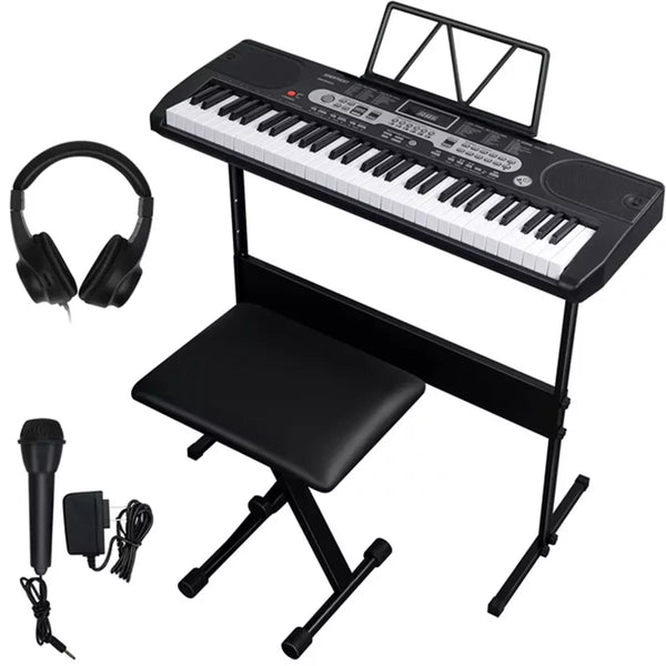 61-Key Beginners Electronic Keyboard Piano Set with H-Stand, Stool and Microphone