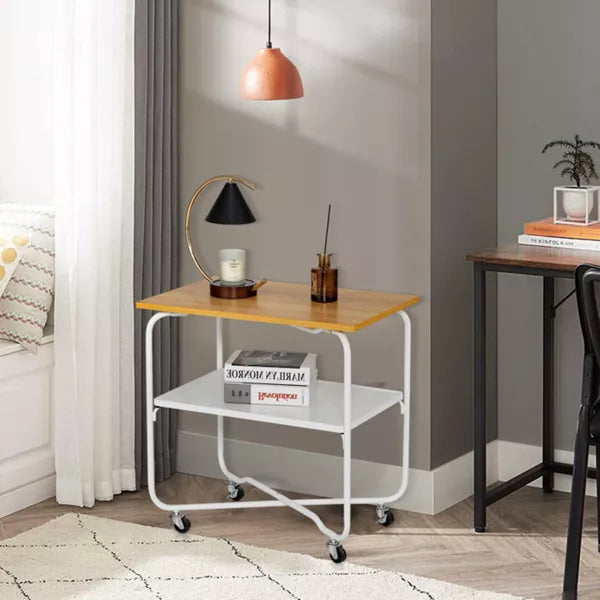 2-Tier Wooden Roll in.g Kitchen Cart with Metal Storage Shelf and Foldable Frame, Natural