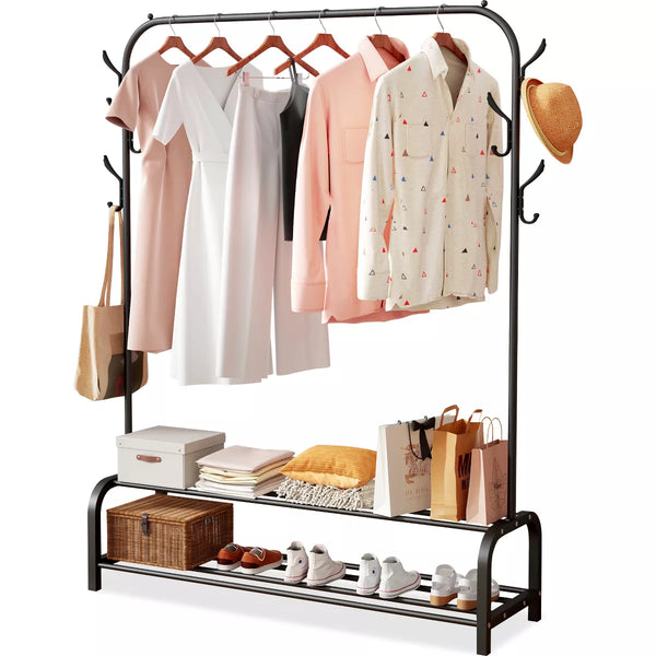 Garment Rack with Storage Shelves and Hanging Hooks
