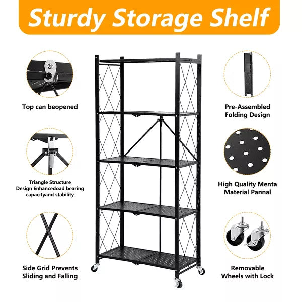 5 Shelf Wide Wire Shelving Utility Shelves Foldable Metal Storage Shelf Black