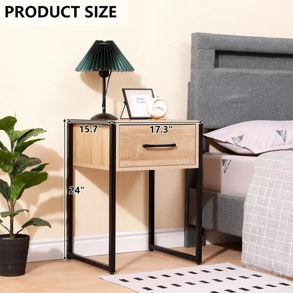 Wood Nightstand with Drawer Steel Frame Side Table