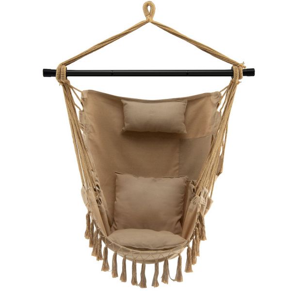 Beige Rope Swing Chair with Plush Pillow & Cushions for Relaxing Comfort