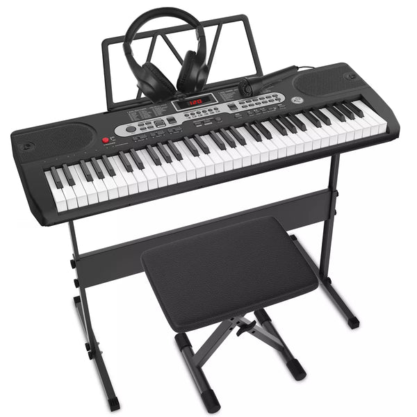 61 Key Lighted Keyboard Piano Electric Keyboard Kit with Stand, Bench, Headphones and Built-in Speakers
