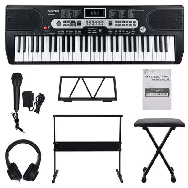 61-Key Beginners Electronic Keyboard Piano Set with H-Stand, Stool and Microphone