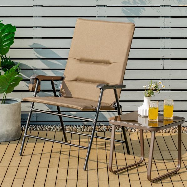 Patio Folding Chair with Padded High Backrest and Cup Holder - Brown