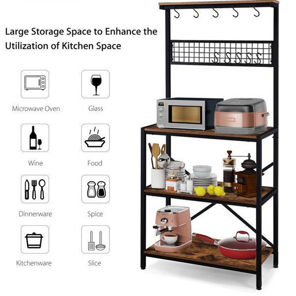 4 Tier Kitchen Bakers Rack Storage Shelf Cart with Hanging Hooks Brown