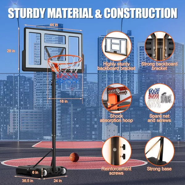 44in Portable Basketball Hoop System 7.5-10ft Height Adjustable