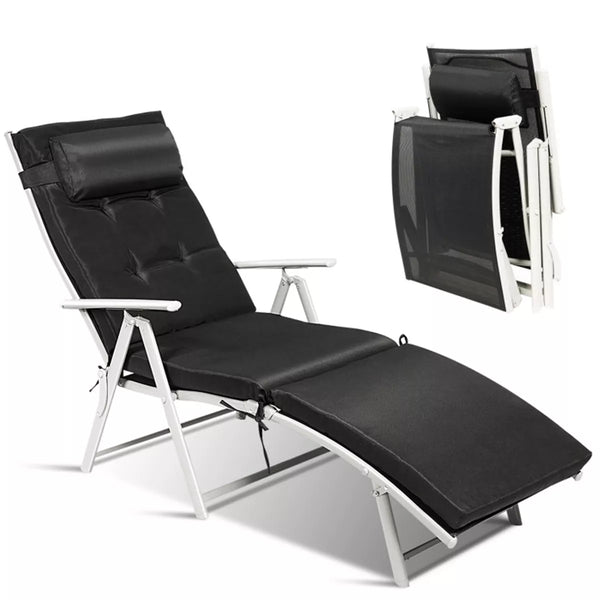 Metal Folding Outdoor Patio Chaise Lounge Adjustable Recliner with Black Cushion