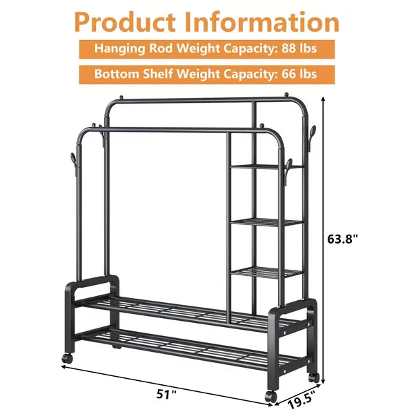 Double Rods Garment Rack with Storage Shelves Steel Frame