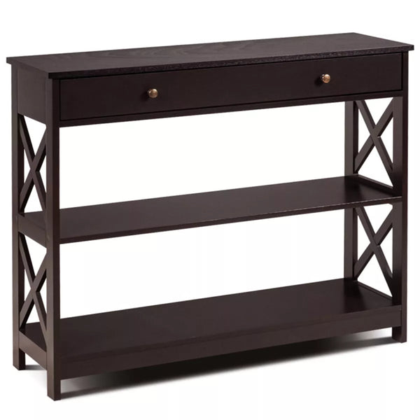Brown Console Table 3-Tier with Drawer and Storage Shelves