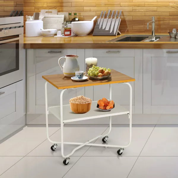 2-Tier Wooden Roll in.g Kitchen Cart with Metal Storage Shelf and Foldable Frame, Natural