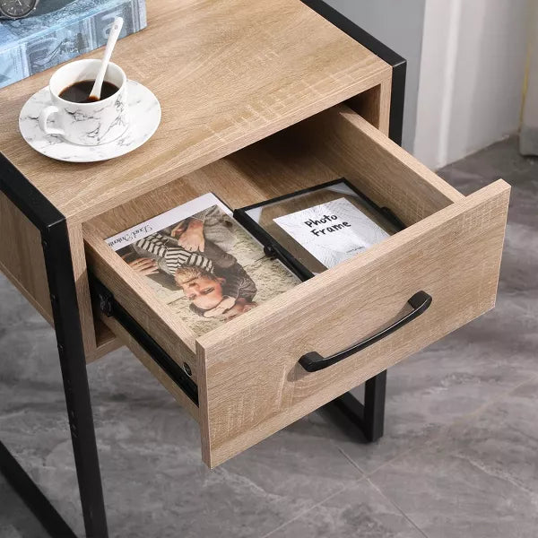 Wood Nightstand with Drawer Steel Frame Side Table