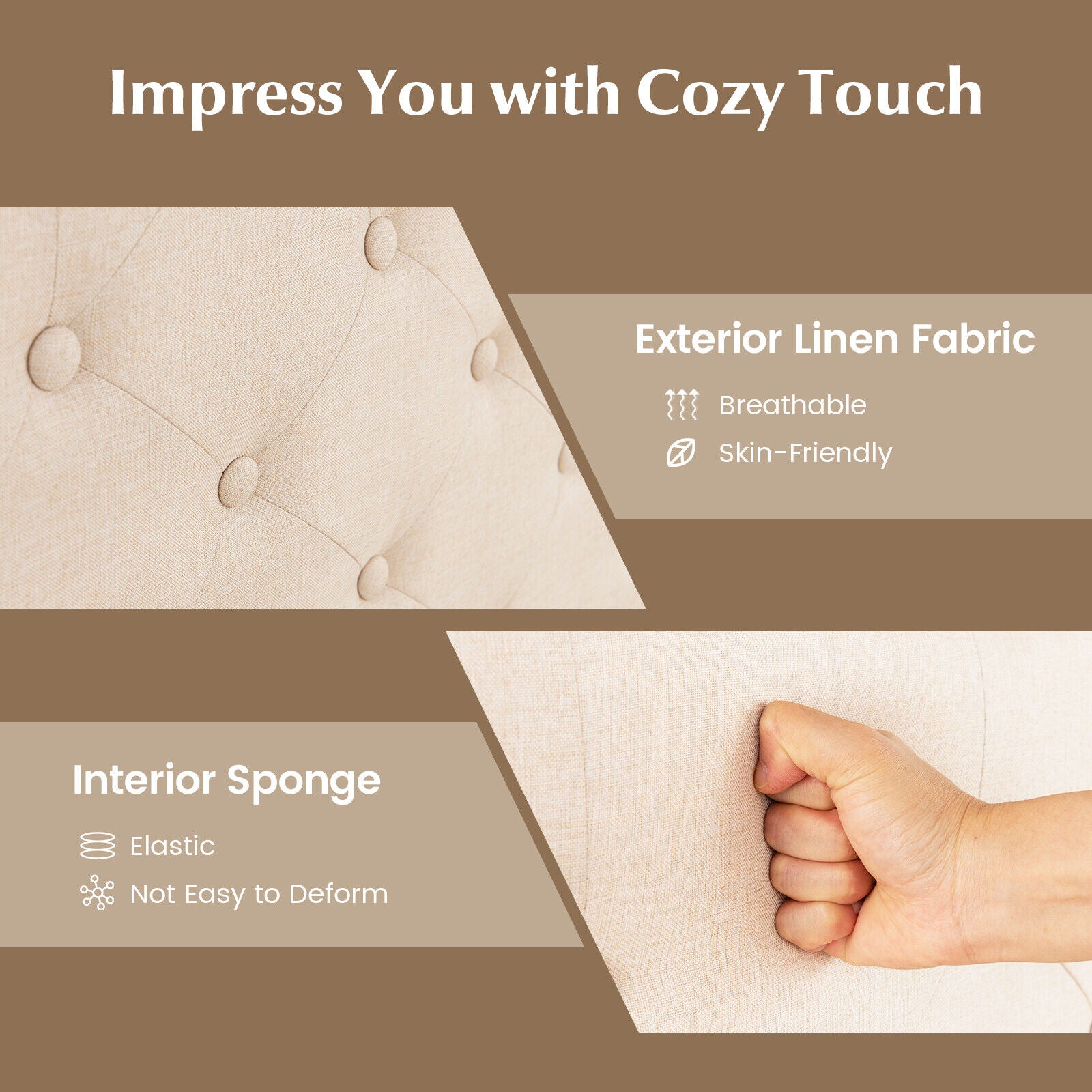 Queen Size Bed Frame with Nail Headboard and Wooden Slats