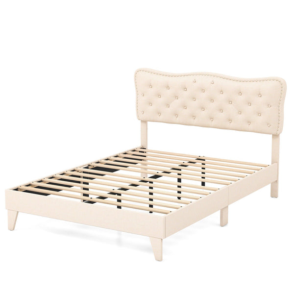 Queen Size Bed Frame with Nail Headboard and Wooden Slats