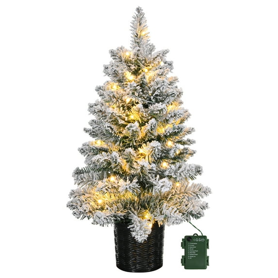 Fenbeli Pre-Lit Artificial Mini Christmas Tree, 24" Snow Flocked Artificial Pine Xmas Tree