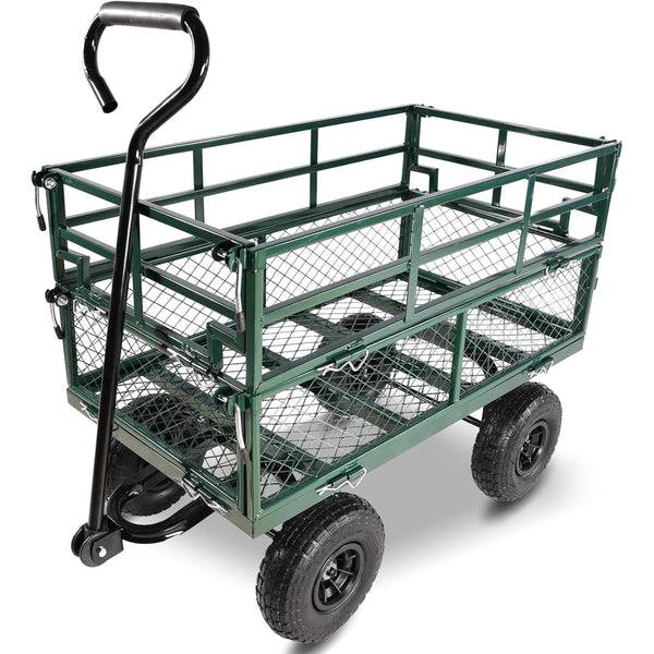 Furnibear Heavy Duty Steel Garden Cart 1500lbs Capacity, 6.35 cu ft, 40.55in x 27.56in Folding Utility Wagon with Double-Layer Removable Side, Green