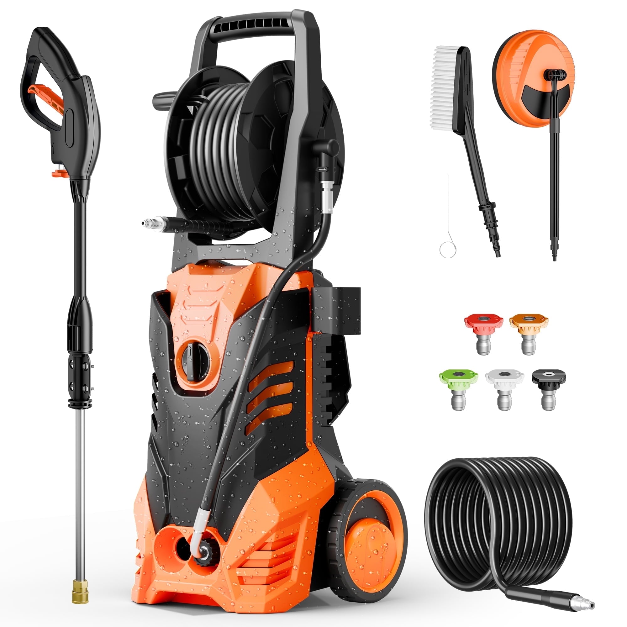 Electric Pressure Washer, 3800PSI 2.6 GPM Power Washer Machine with Hose Reel,4 Quick Connect Nozzles, Foam Cannon, for Cars, Patios, and Floor Cleaning,Orange