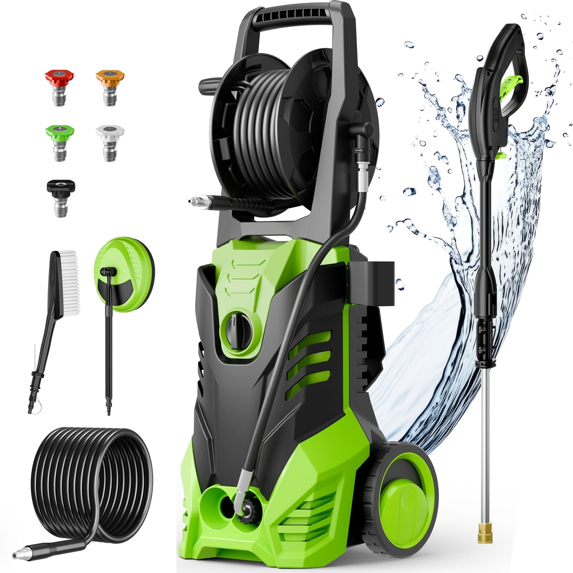 Electric Pressure Washer, 3800PSI 2.6 GPM Power Washer Machine with Hose Reel,4 Quick Connect Nozzles, Foam Cannon, for Cars, Patios, and Floor Cleaning,Green