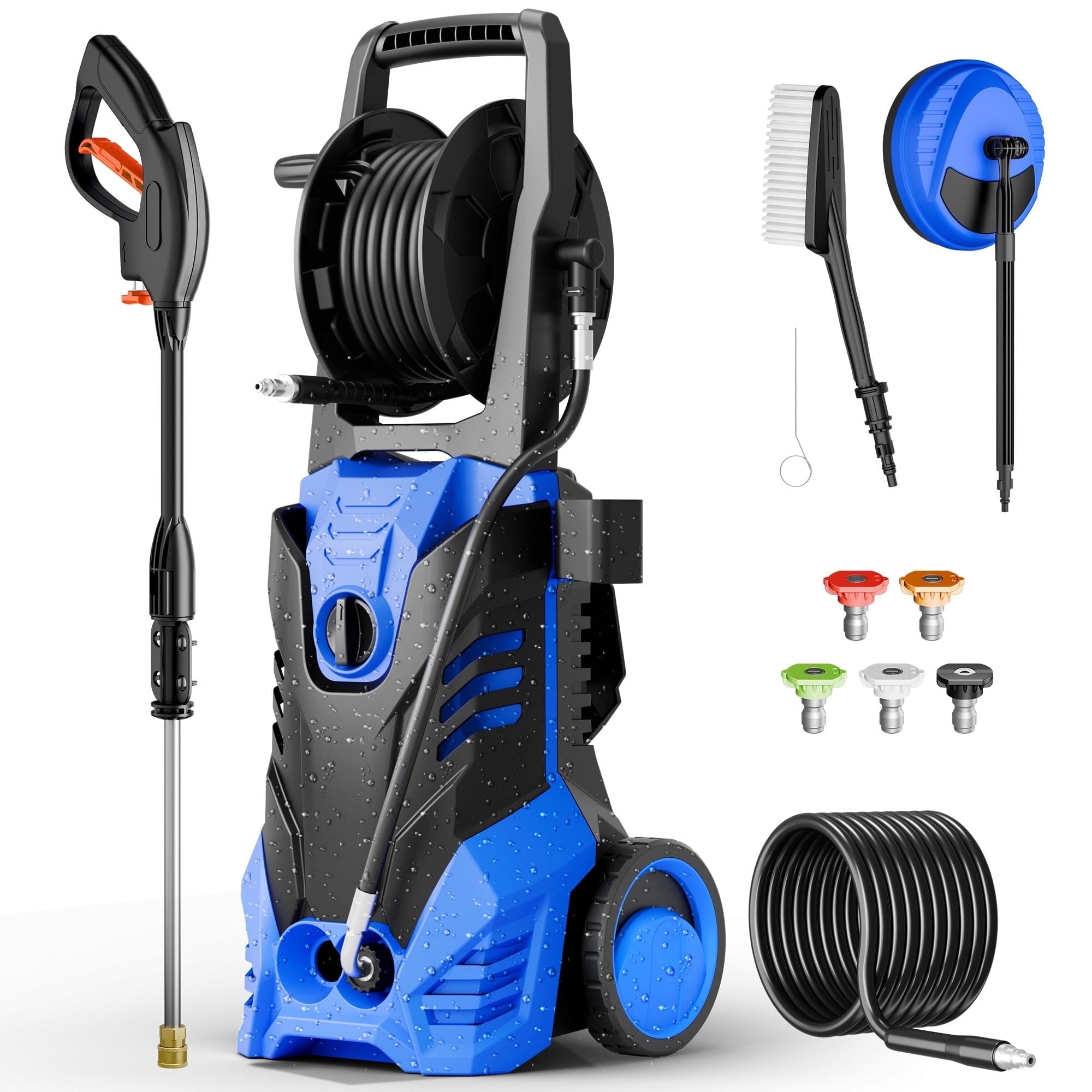 Electric Pressure Washer, 3800PSI 2.6 GPM Power Washer Machine with Hose Reel,4 Quick Connect Nozzles, Foam Cannon, for Cars, Patios, and Floor Cleaning,Blue