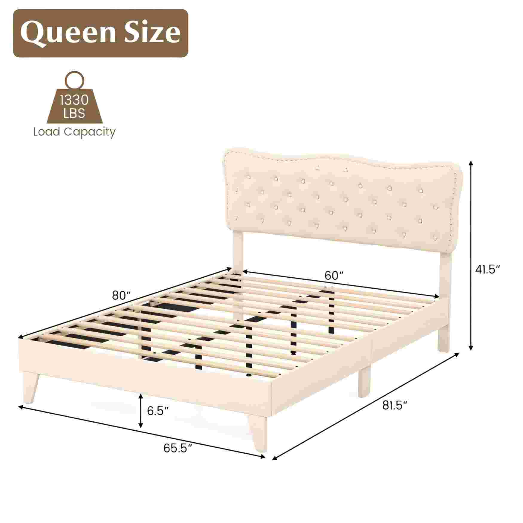 Queen Size Bed Frame with Nail Headboard and Wooden Slats