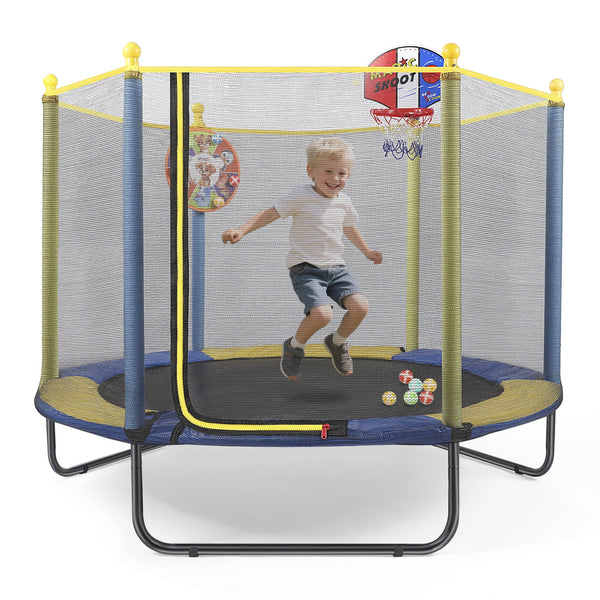 Fenbeli 60in Kids Trampoline with Safety Net, Basketball Hoop Dartboard, Indoor Outdoor Toddler Trampoline for Ages 1-8