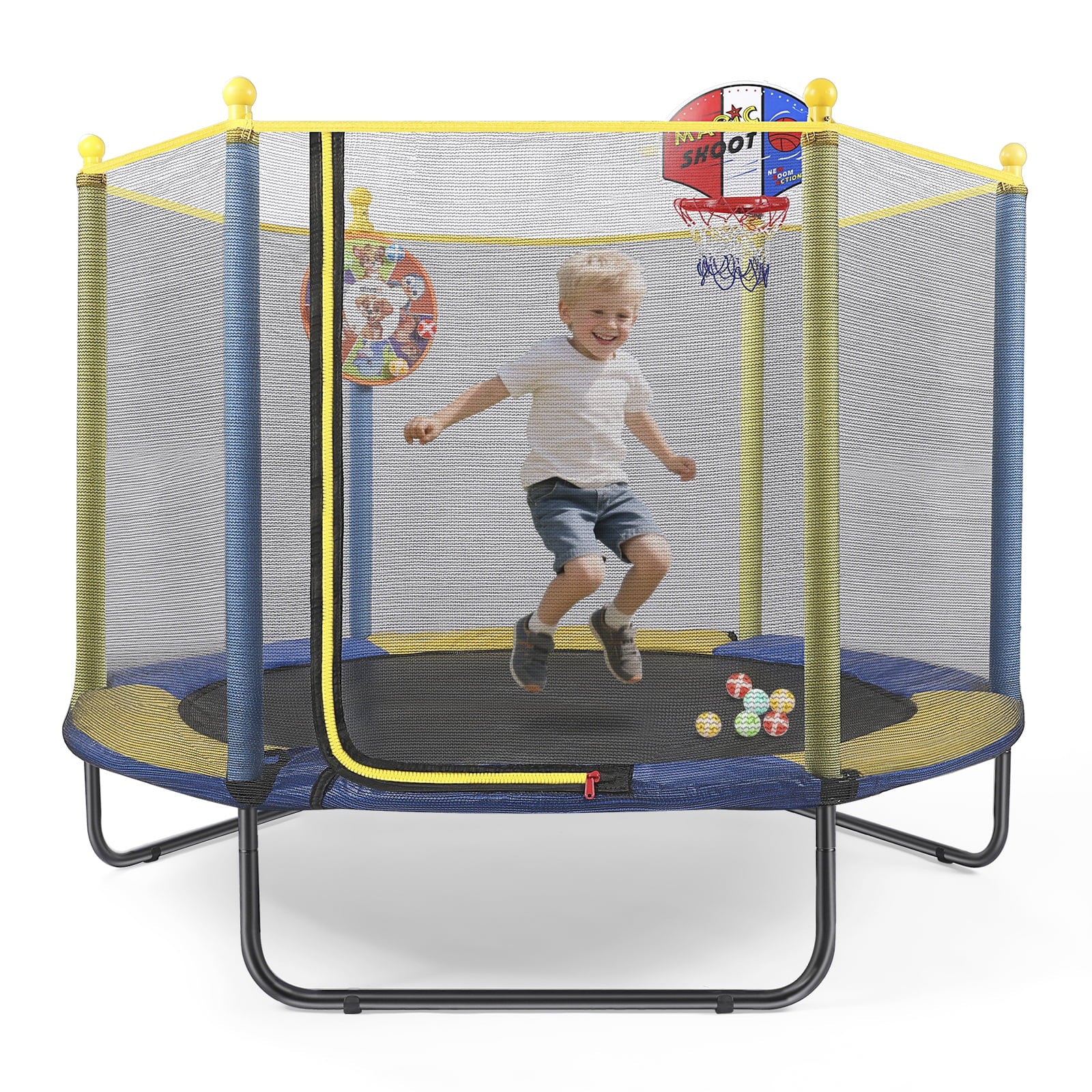 Fenbeli 60in Kids Trampoline with Safety Net, Basketball Hoop Dartboard, Indoor Outdoor Toddler Trampoline for Ages 1-8