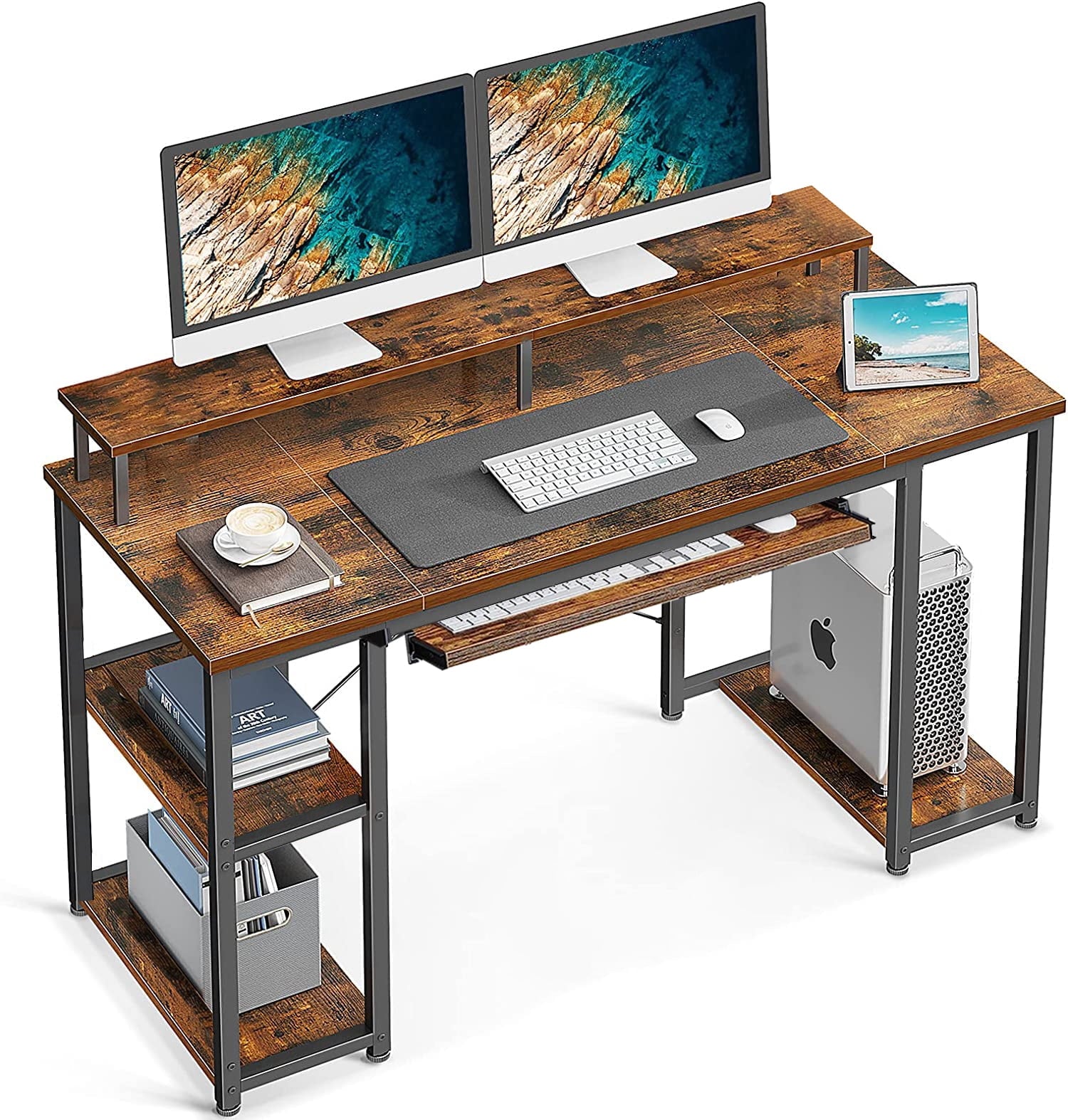Furnibear Computer Desk 47 Home Office Desk Study Writing Table with Monitor Stand Storage Shelf, Brown