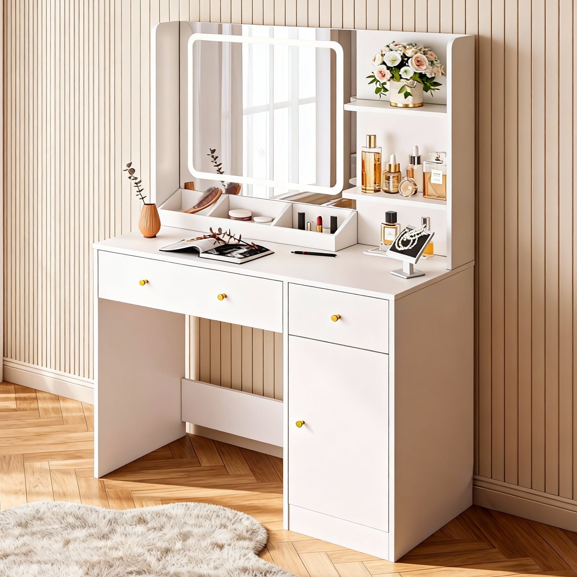 Fenbeli White Vanity Desk with Lighted Mirror, Makeup Table with Charging Station, Large Vanity Set with 3 Storage Compartments for Bedroom