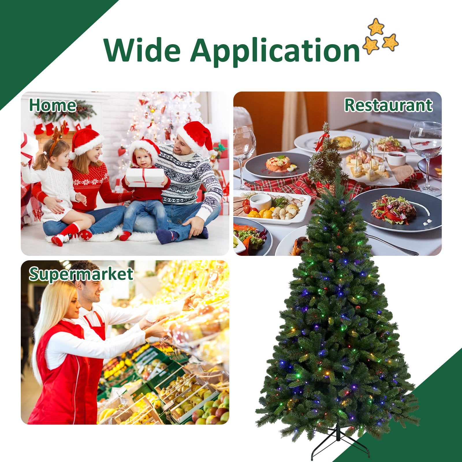 7ft Pre-Lit Artificial Christmas Tree, Hinged Xmas Tree with 400 Multi-Color LED Lights, 1350 PVC and PE Branch Tips, for Holiday Party Office Home Decor