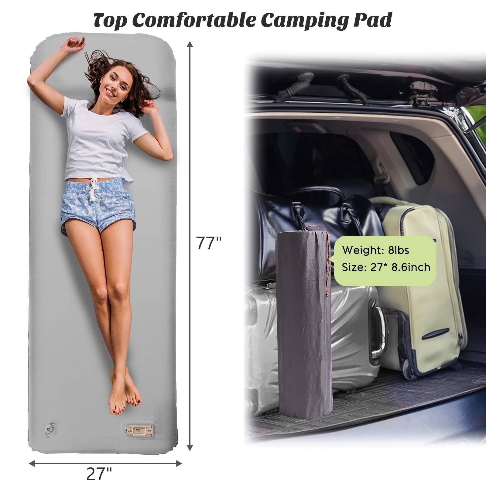 Fenbeli Self-Inflating Sleeping Pad with Pillow, 3.2" Thick Memory Foam Camping Mattress, R-Value 9.5 Insulated 4-Season Camp Pad for Tent, Car, SUV & Truck Bed, 20-Second Quick Inflate, Gray