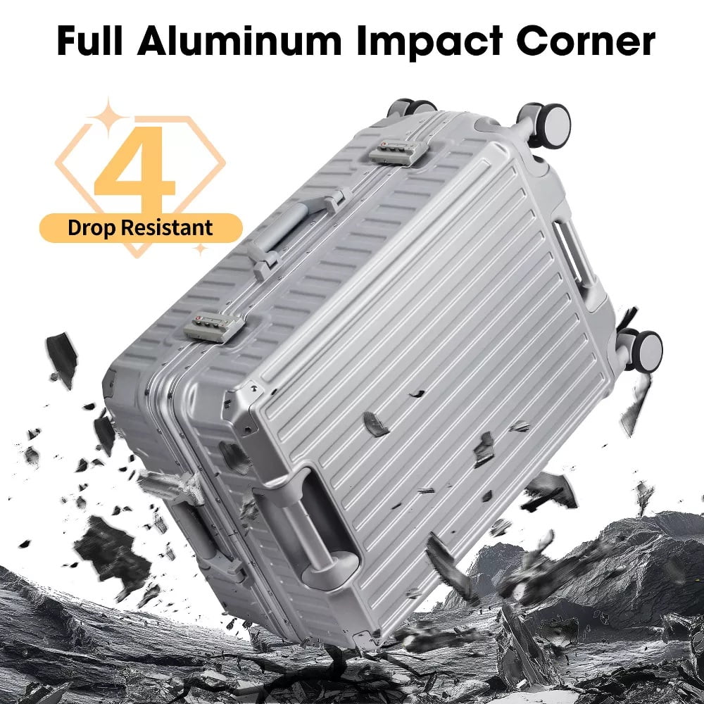 Fenbeli 28 Hardshell Luggage with Cup Holder TSA Locks ABS+PC Suitcases with Spinner Wheels for Travel Aluminum Frame Silver