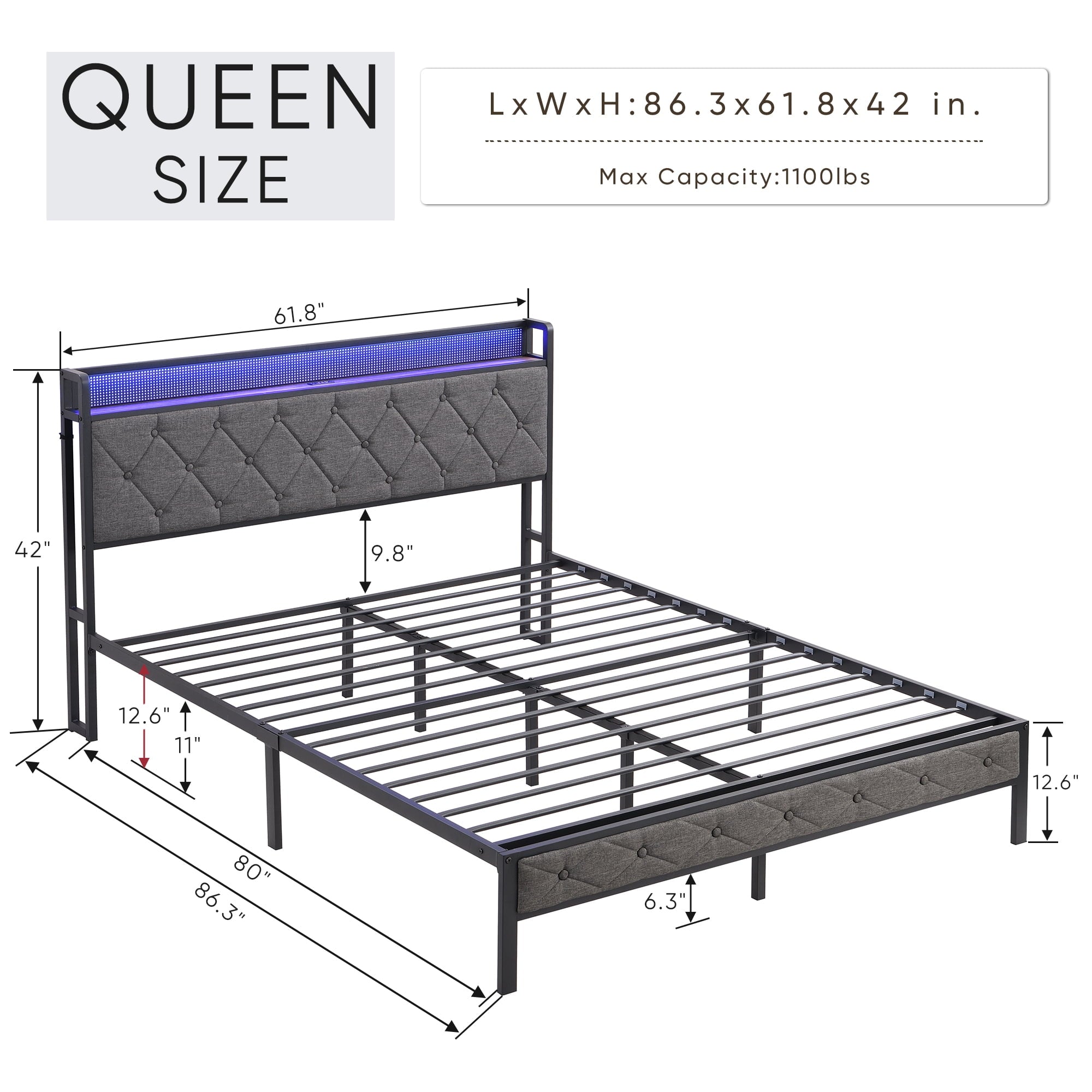 Furnibear Queen Bed Frame with RGB LED Lights, Charging Station And Storage Headboard | Reinforced Platform | Easy Assembly, Dark Gray