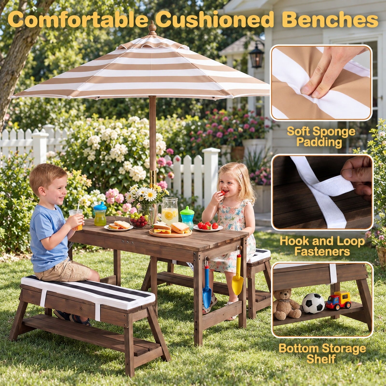 Fenbeli Outdoor Kids Wooden Picnic Table and Benches Set with Umbrella, 110 lbs Capacity, Fir Wood Nylon Fabric Sponge PP Frame, for 3+ Years Old