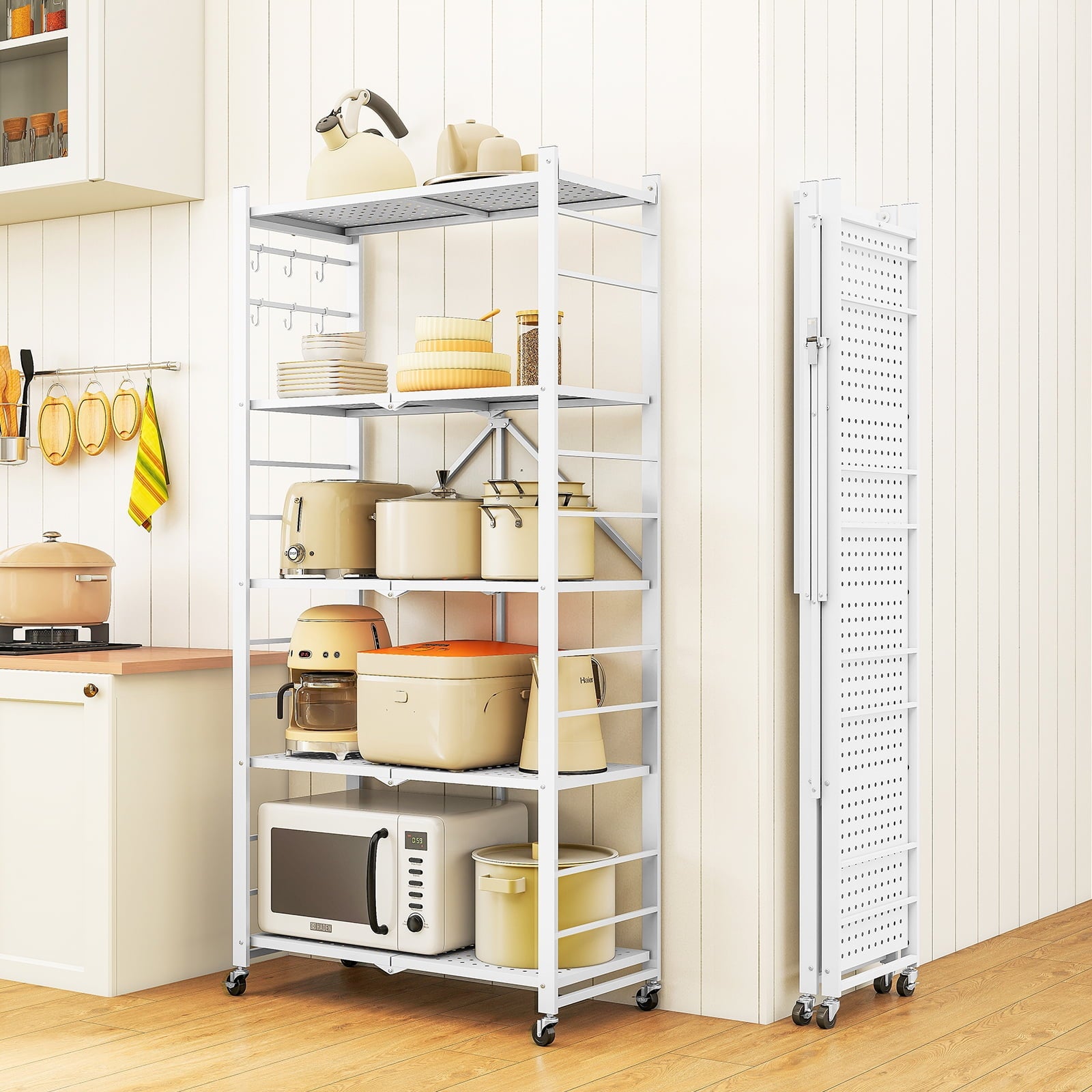 Fenbeli Storage Shelves,5-Tier Foldable Metal Wire Storage Shelf with Wheels, Heavy Duty Organizer Rack for Garage, Kitchen, Closet, White