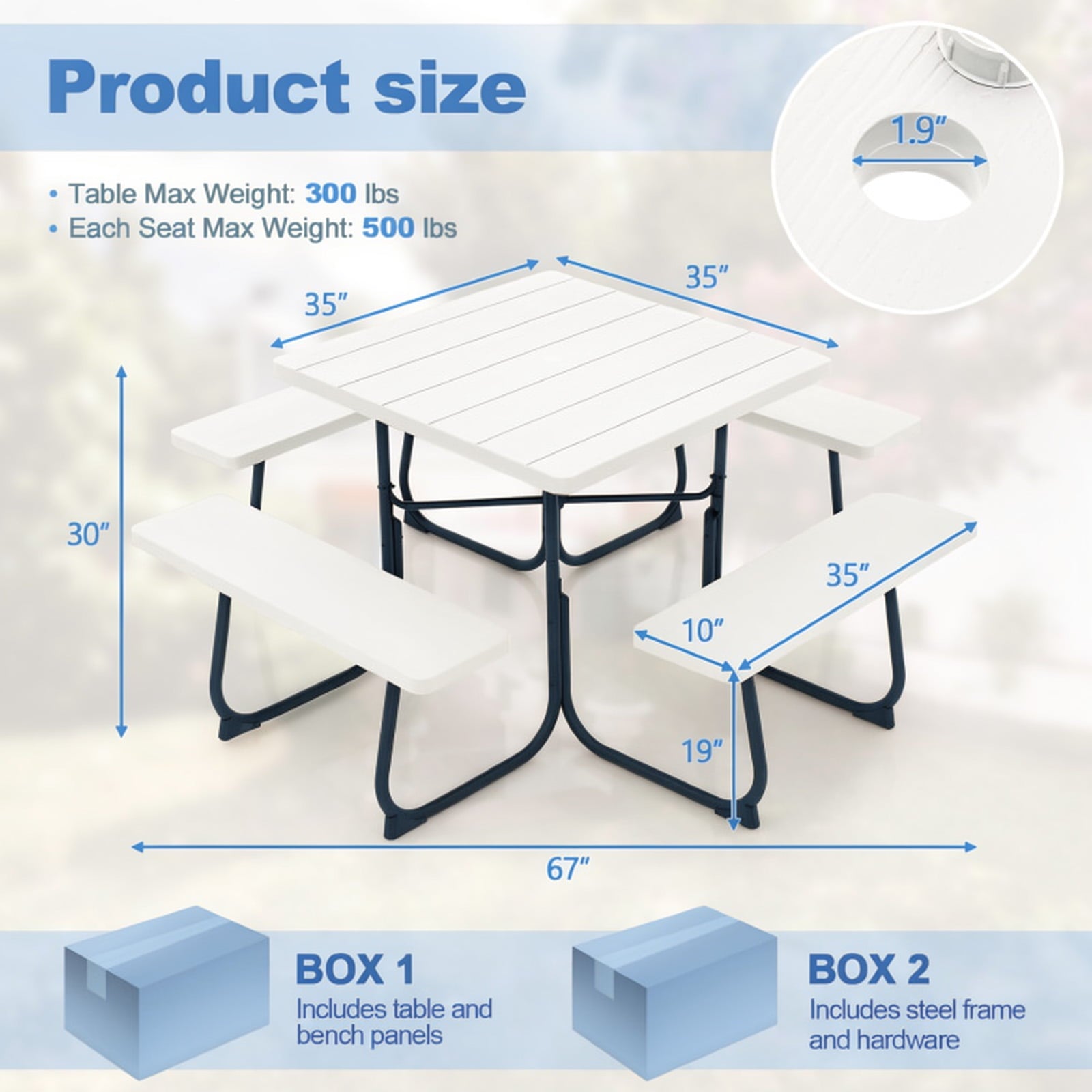 Fenbeli 8-Person Square Picnic Table and Bench Set with Umbrella Hole, HDPE Outdoor