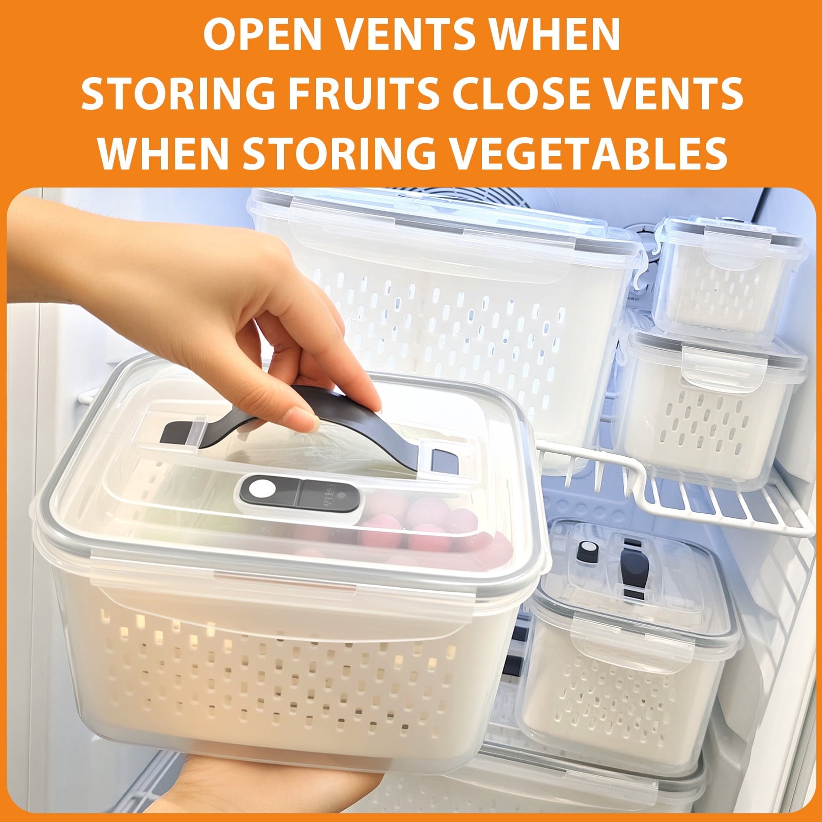 Fenbeli Fruit Vegetable Storage Containers for Fridge, 6 Pack Produce Saver with Lids and Removable Colander, BPA-Free Airtight Fresh Keeper with Adjustable Vent and Divider, Refrigerator Organizer Set
