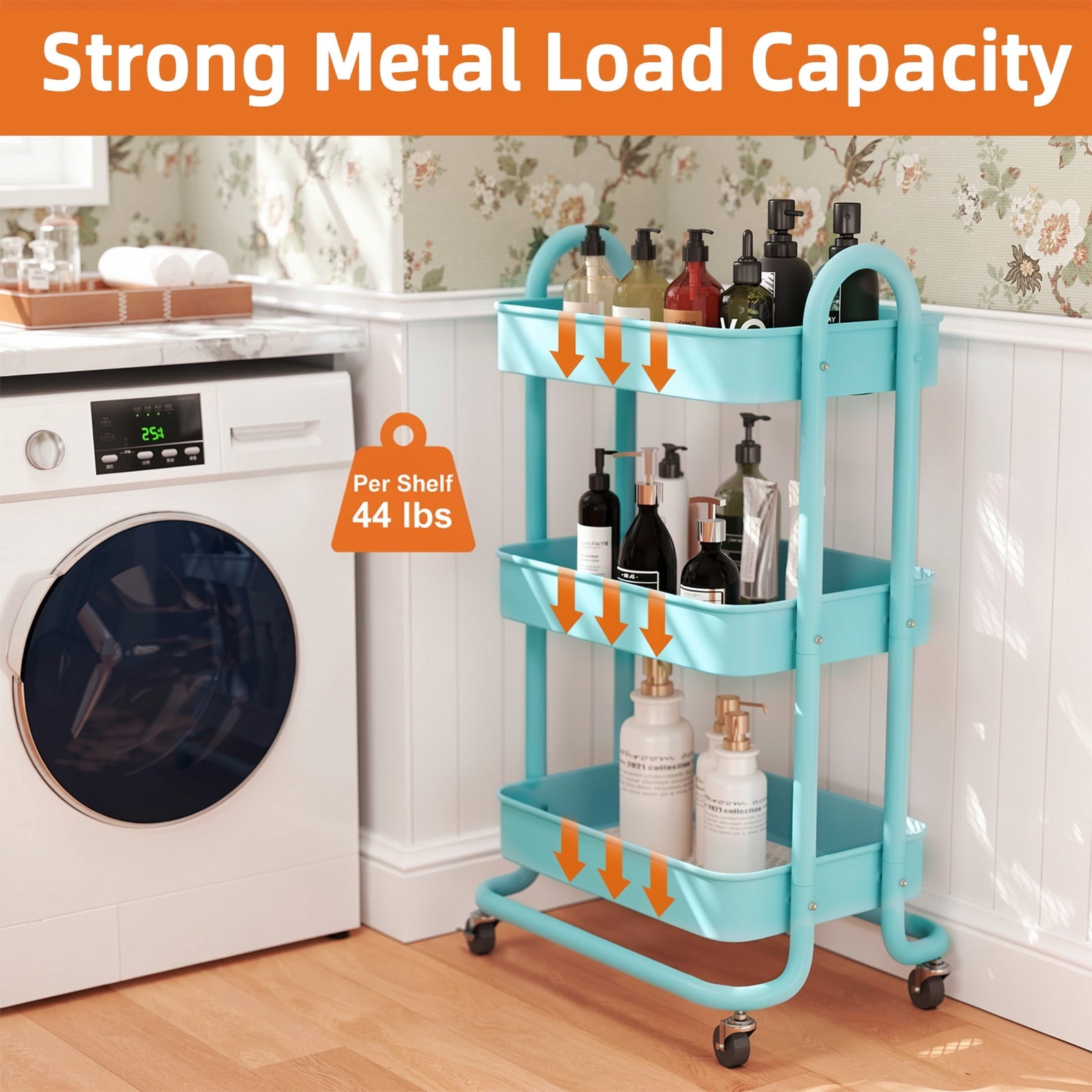 Fenbeli 3-Tier Metal Rolling Utility Cart with Wheels, blue, 18L x 13.4W x 31H
