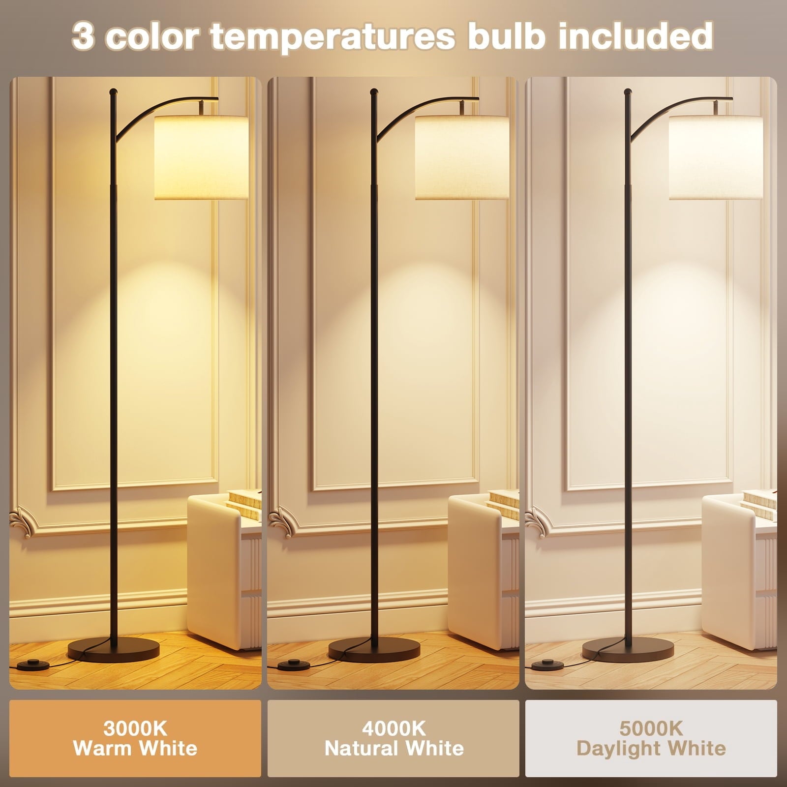 Fenbeli Arc Floor Lamp for Living Room, 61 Modern Standing Lamp with 3 Color Temperature LED Bulb Included, Adjustable Hanging Linen Drum Shade, Tall Floor Lamp with Foot Switch for Bedroom Office