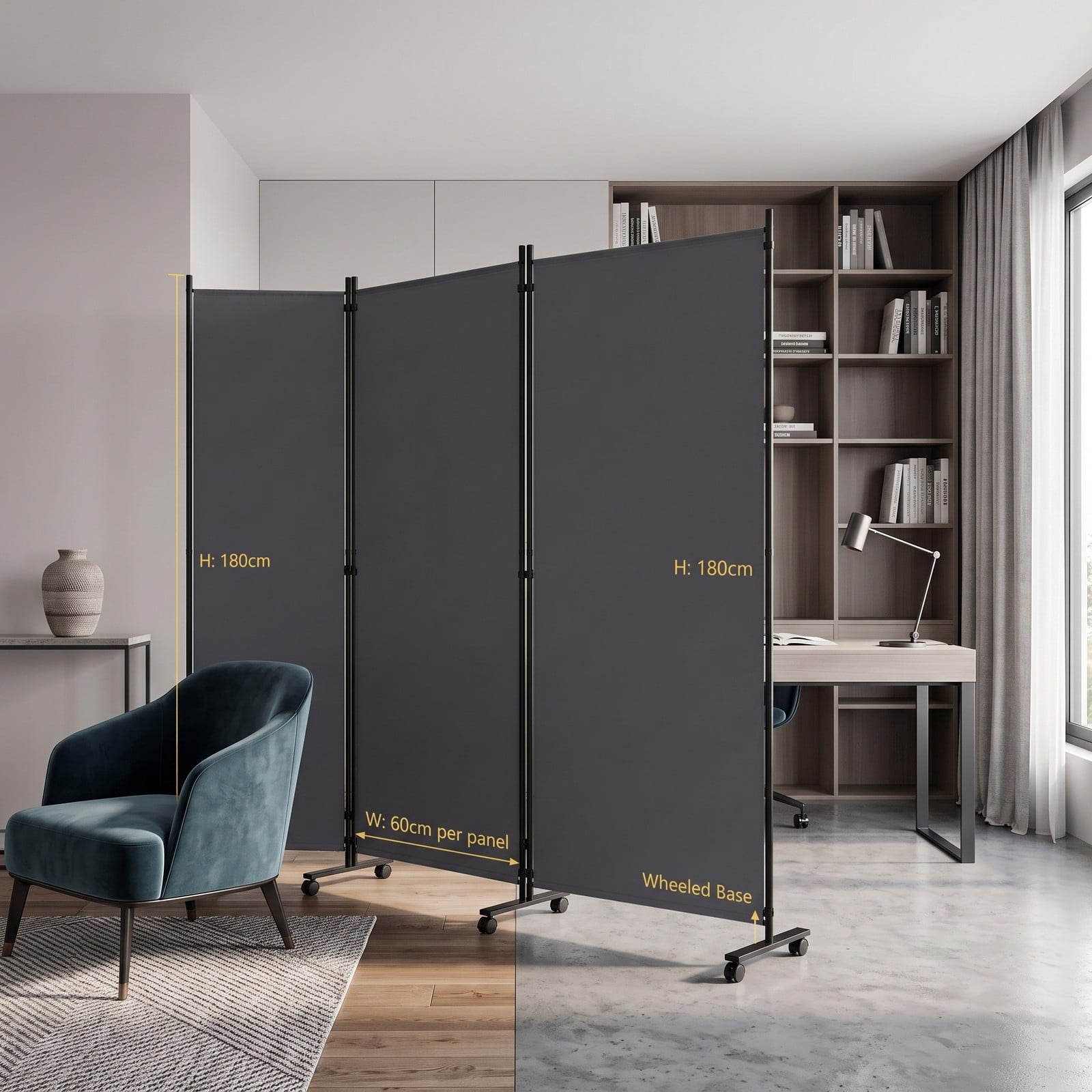 Fenbeli 4 Panel Folding Room Divider Privacy Screen with Wheels, Freestanding Polyester Fabric Partition with Metal Frame for Living Room Bedroom Office, Gray