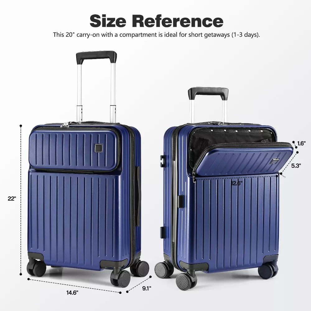 Fenbeli 20 Hardshell Luggage with Front Pocket TSA Locks ABS+PC Suitcases with Spinner Wheels for Travel Blue