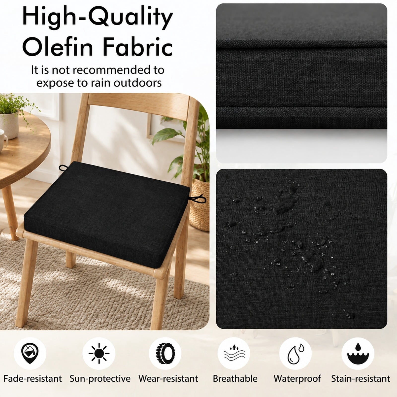 Fenbeli Outdoor Chair Cushion Set of 2 Waterproof Fade-Resistant Olefin Seat Cushions, Olefin Fabric 28D Foam Frame, Black