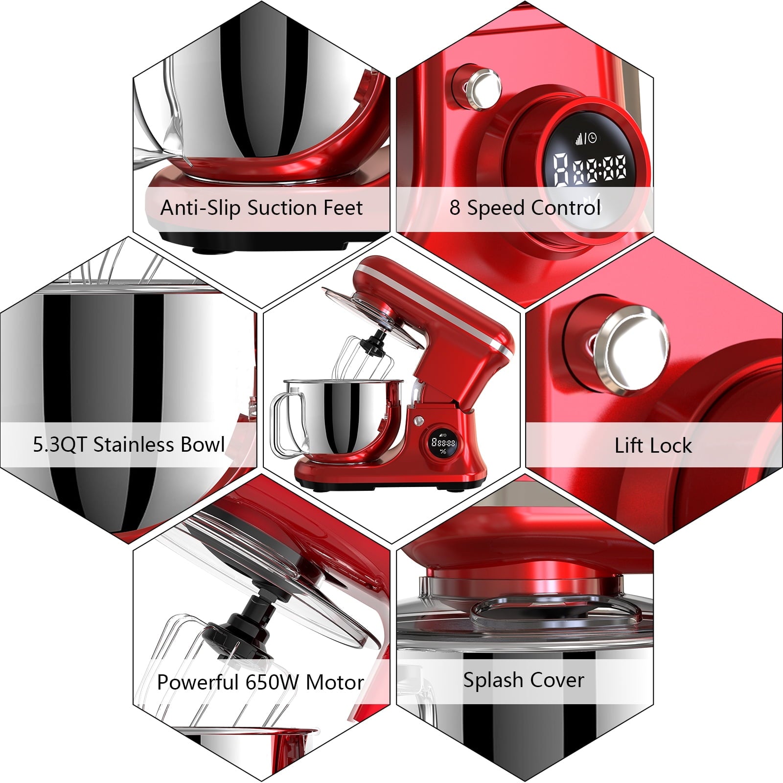 Fenbeli 5.3Qt Stand Mixer,650 W 8 Speeds Kitchen Electric Food Mixer for Daily Use with Egg Whisk,Dough Hook,Flat Beater,Red