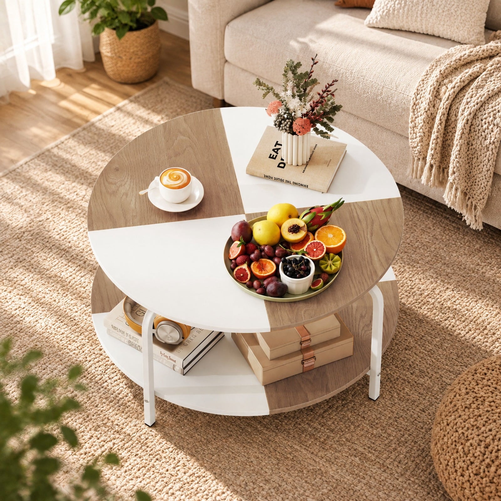 Fenbeli 2-Tier Round Coffee Table Metal Frame with Storage Shelf-Natural and White, 220 lbs Capacity, Engineered Wood Metal Frame, Coffee