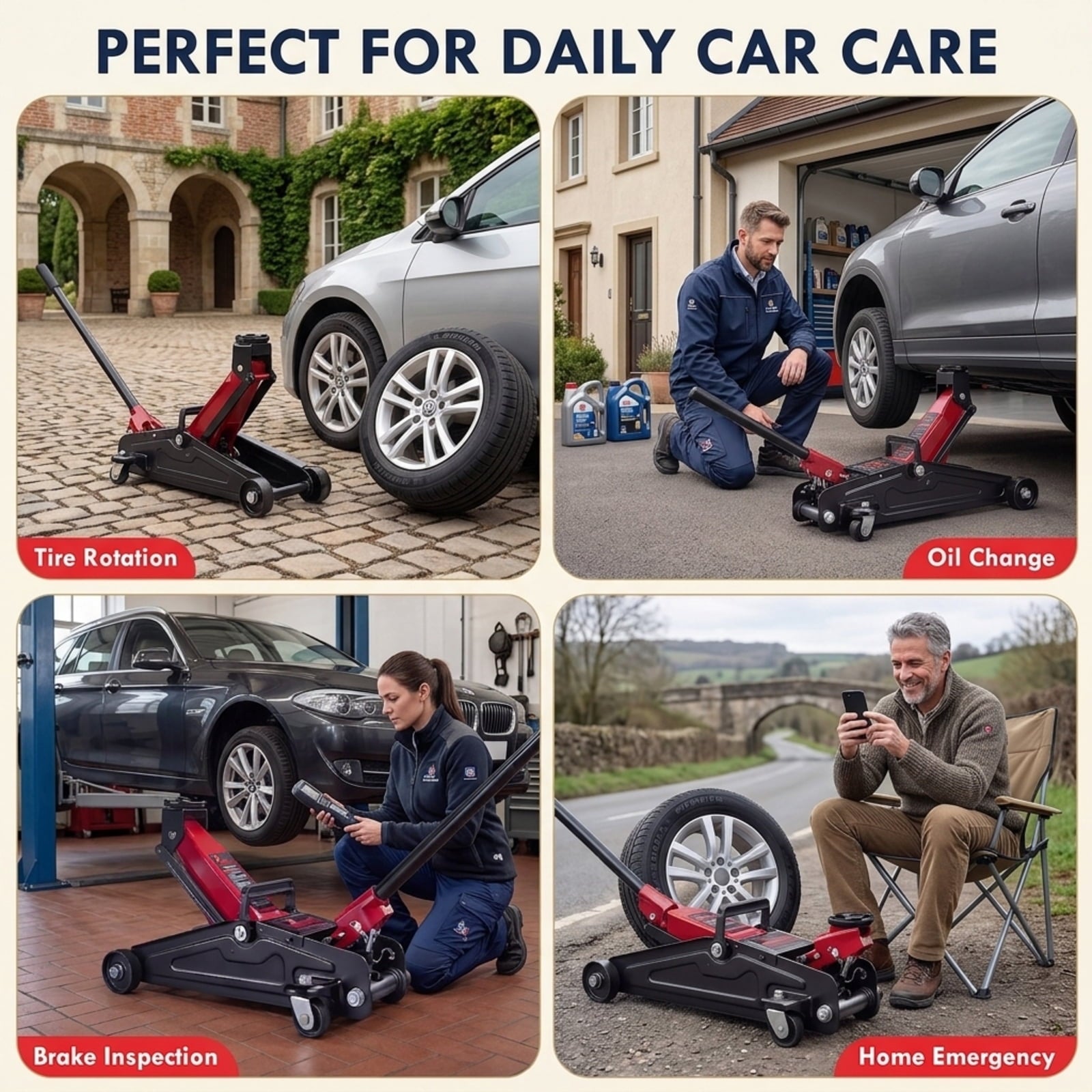 Fenbeli 2 Ton Low Profile Hydraulic Floor Jack, 4000 lb Quick Lift Steel Trolley Jack for Sedans, Small SUVs, Golf Carts and Lawn Mowers, Red and Black
