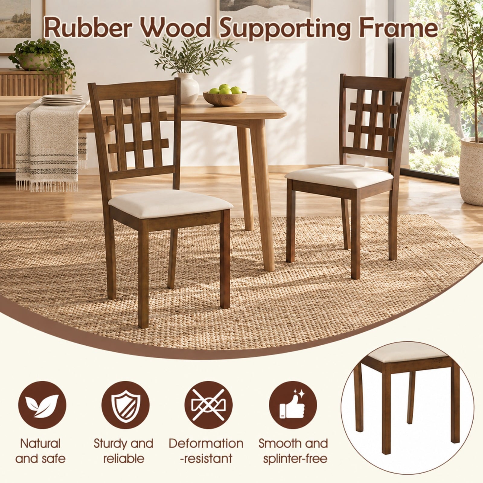 Fenbeli Set of 2 Wood Kitchen Chairs with Faux Leather Upholstered Seat, 265 lbs Capacity, Rubber Wood MDF Polyester Sponge Frame, Coffee