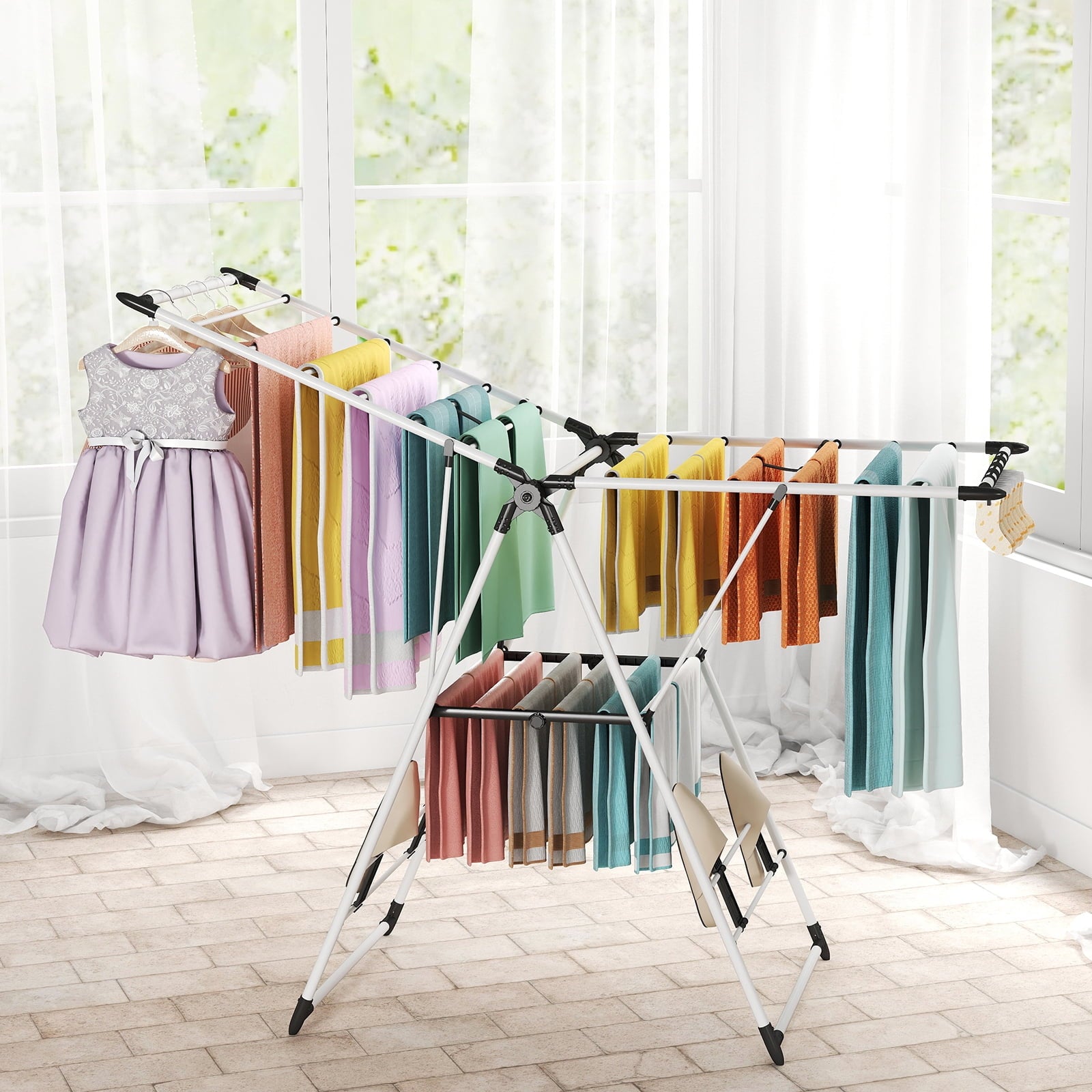 Fenbeli Foldable Clothes Drying Rack, 2-Tier 66 lbs Capacity, Rustproof Steel Laundry Rack for Indoor and Outdoor, White