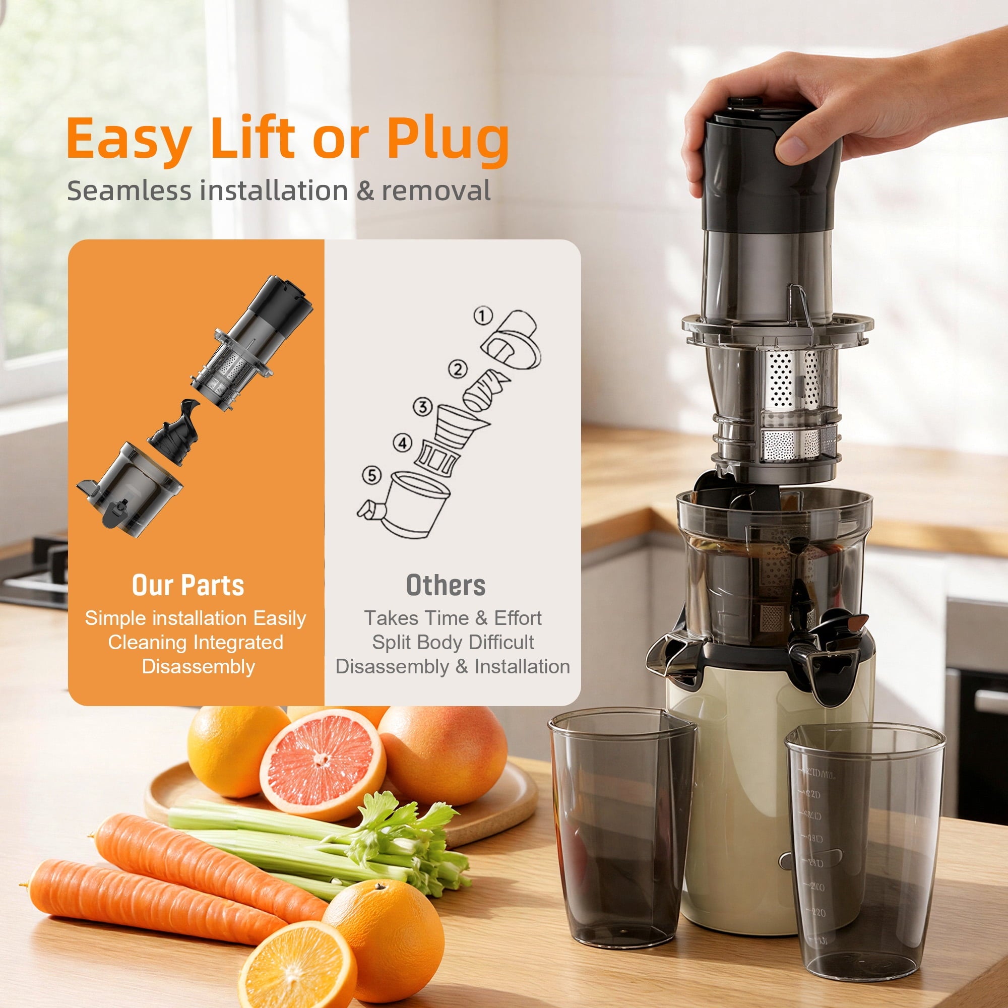Fenbeli Juicer Machine,Cold Press Juicer with 3.2 inch Wide Feed Chute, Slow Masticating Juicer for Whole Fruits & Vegetables, Easy to Clean, High Juice Yield