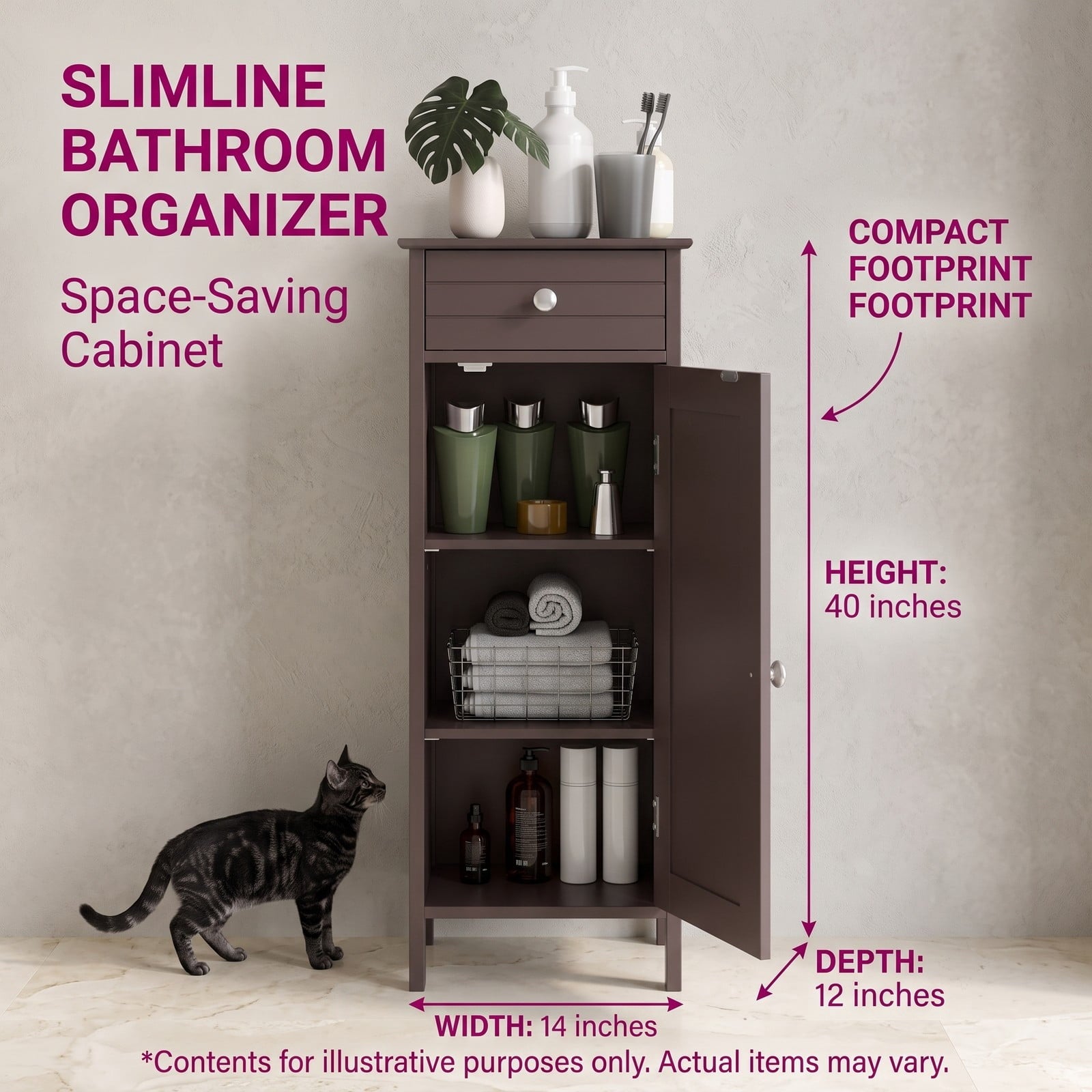 Fenbeli Wooden Floor Storage Cabinet, Free-Standing Bathroom Organizer with Drawer and 2 Adjustable Shelves, Narrow Side Cabinet for Living Room Bedroom, Brown