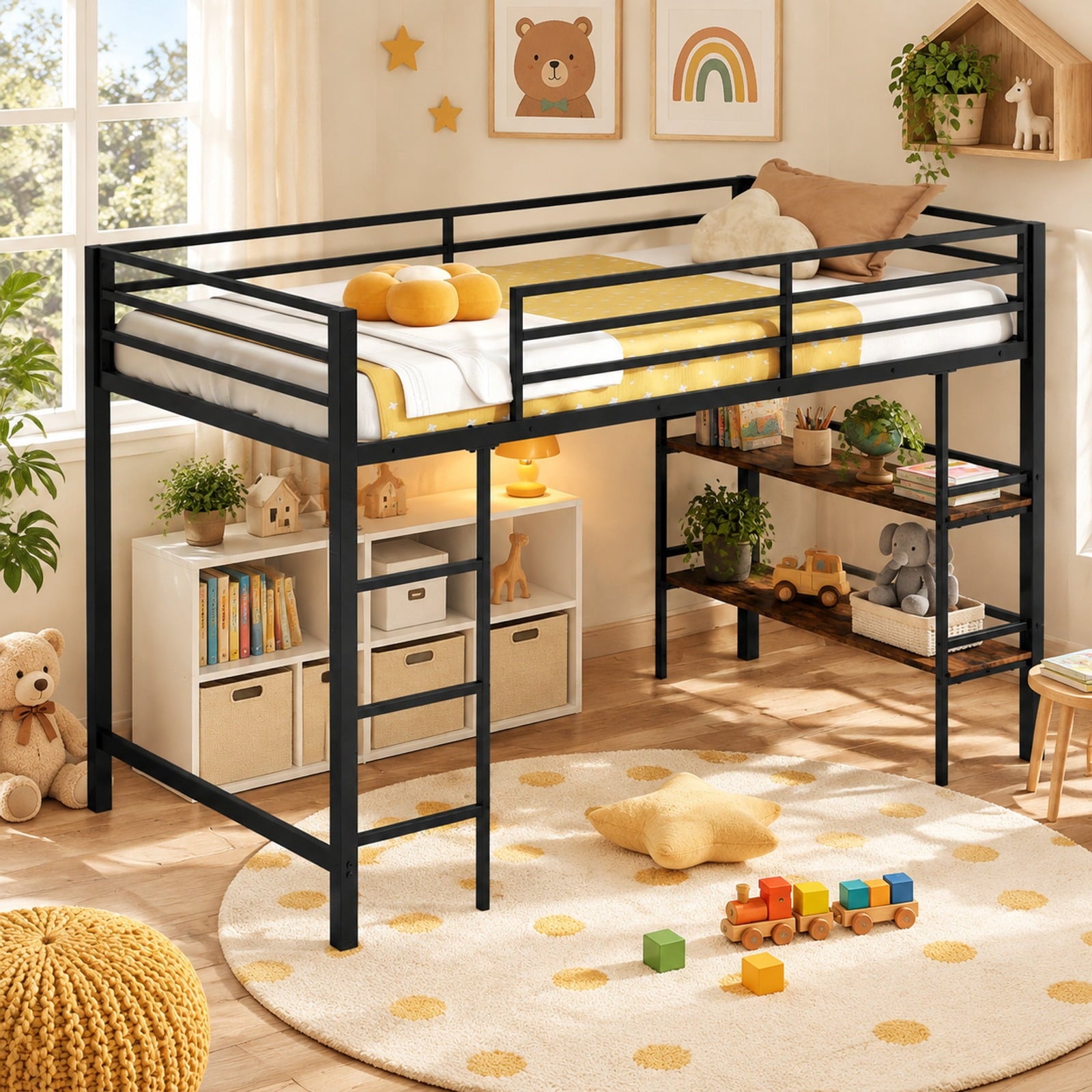 Fenbeli Twin Size Low Loft Bed with Ladder and Storage Shelves Metal Frame for Boys Girls, 485 lbs Capacity, Metal Engineered Wood Frame, Black