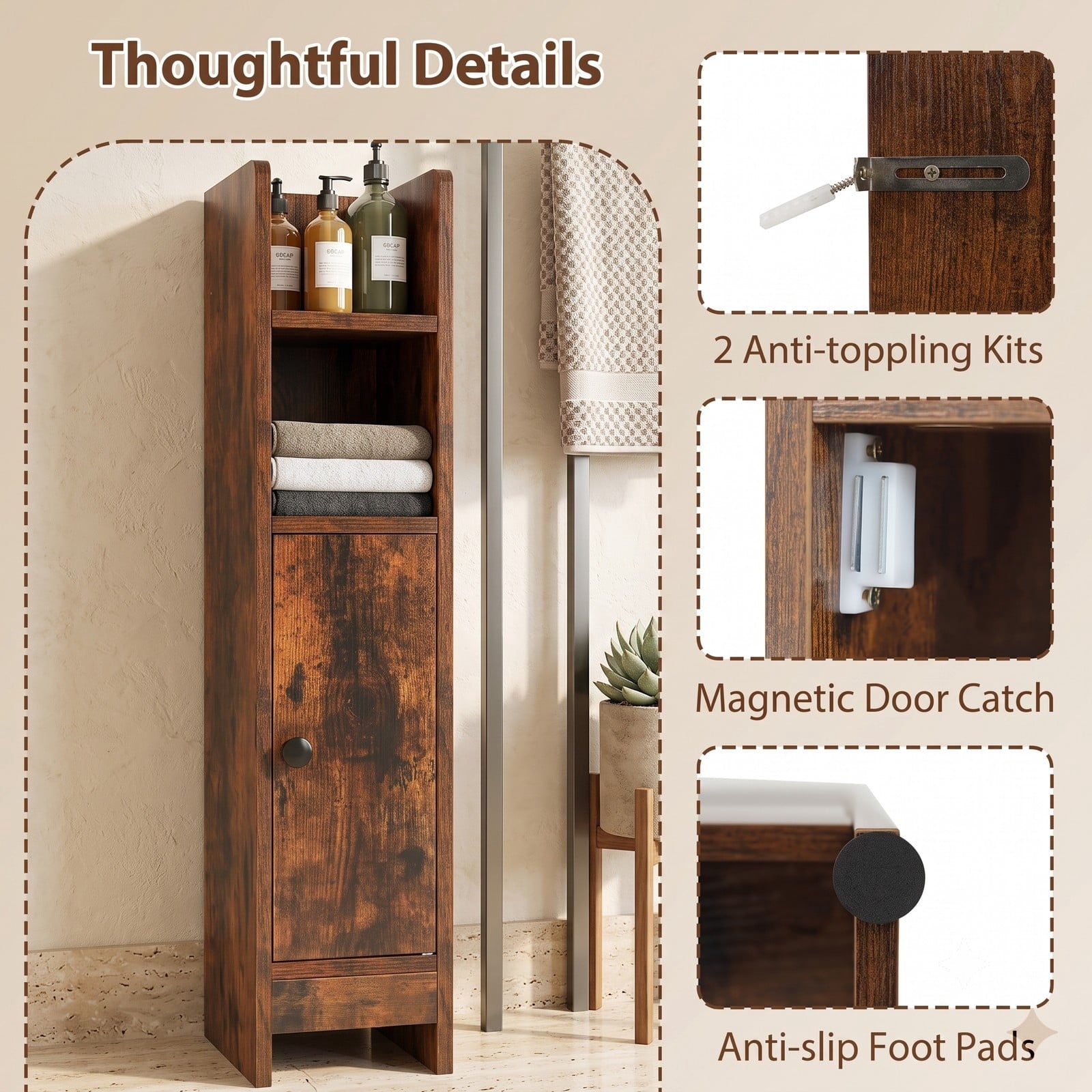 Fenbeli Slim Bathroom Corner Storage Cabinet, Freestanding Floor Cabinet with Door and Adjustable 3-Tier Shelf, Anti-Tipping Space-Saving Organizer for, Rustic Brown